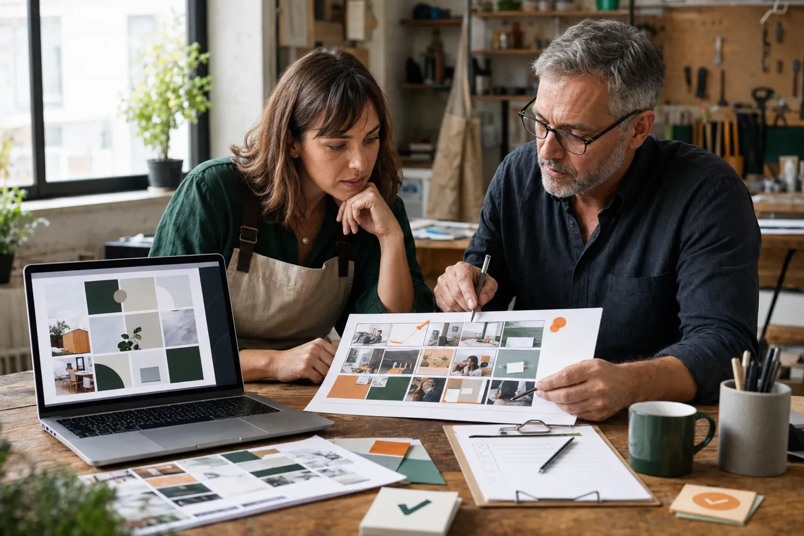 A small-business owner and marketing strategist reviewing AI-assisted ad creative, source materials and approval notes in a practical studio.