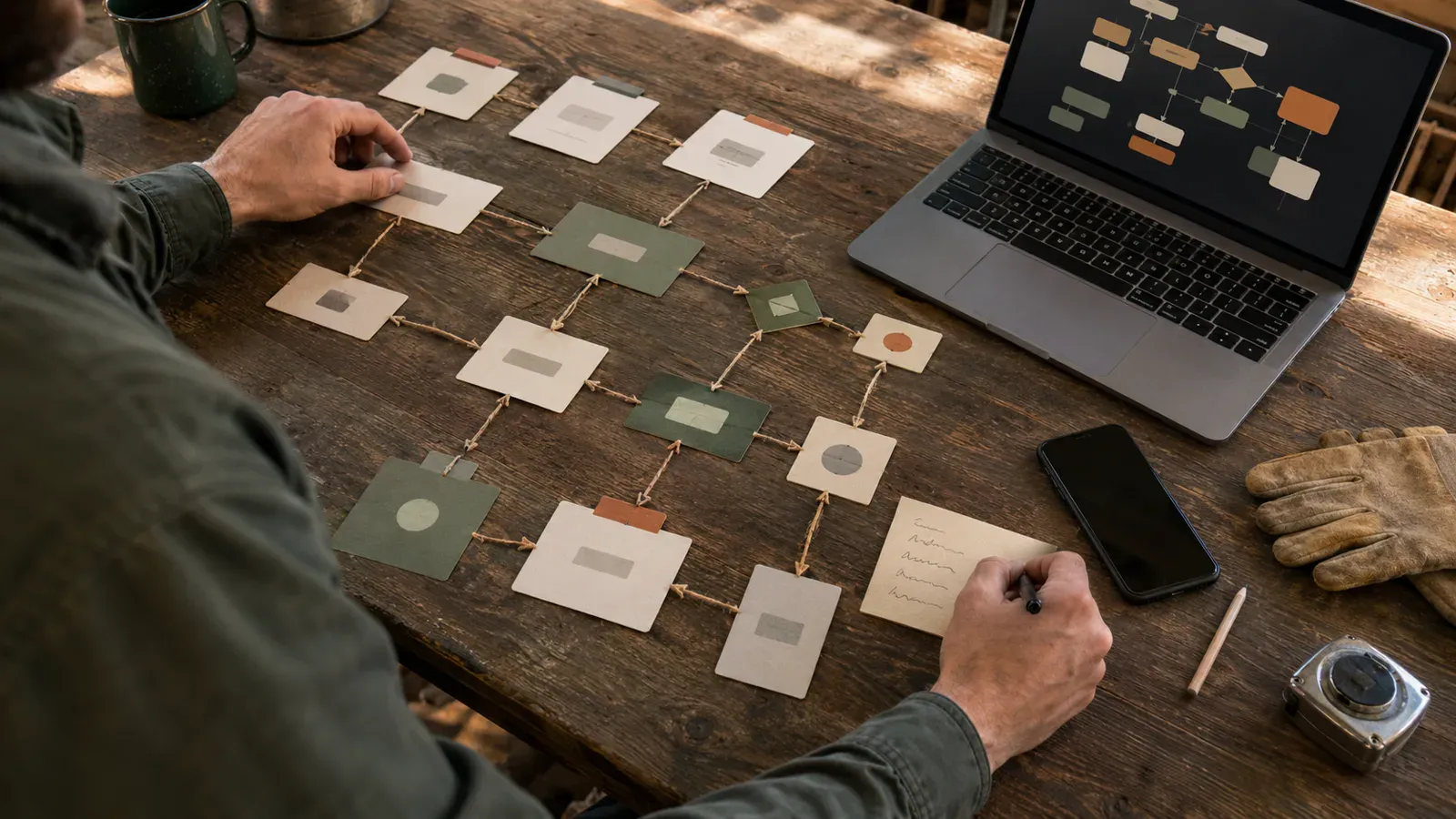 A marketer mapping a customer email workflow with lifecycle stages, checks and human follow-up points.