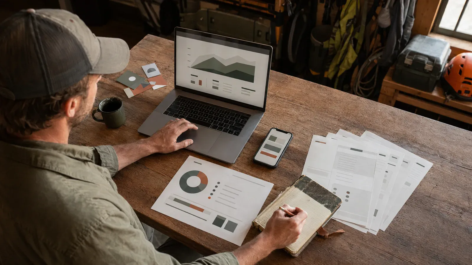 A service business owner reviewing three groups of marketing performance signals beside a laptop and field notebook.