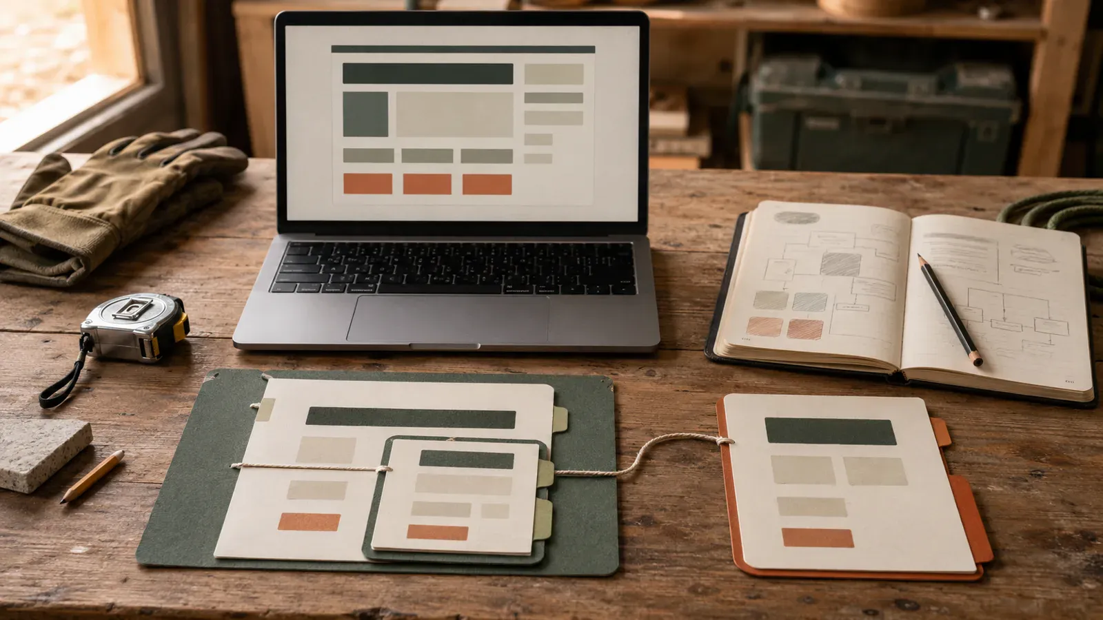 A workshop desk showing two visual website routes for comparing a blog subdomain with a subfolder.
