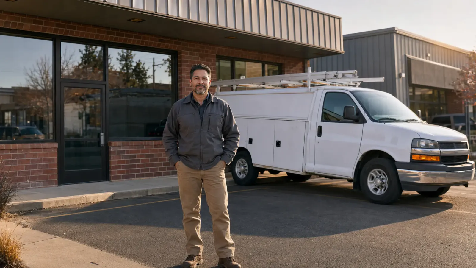 A local franchise owner standing outside an unbranded service storefront beside a clean white service truck
