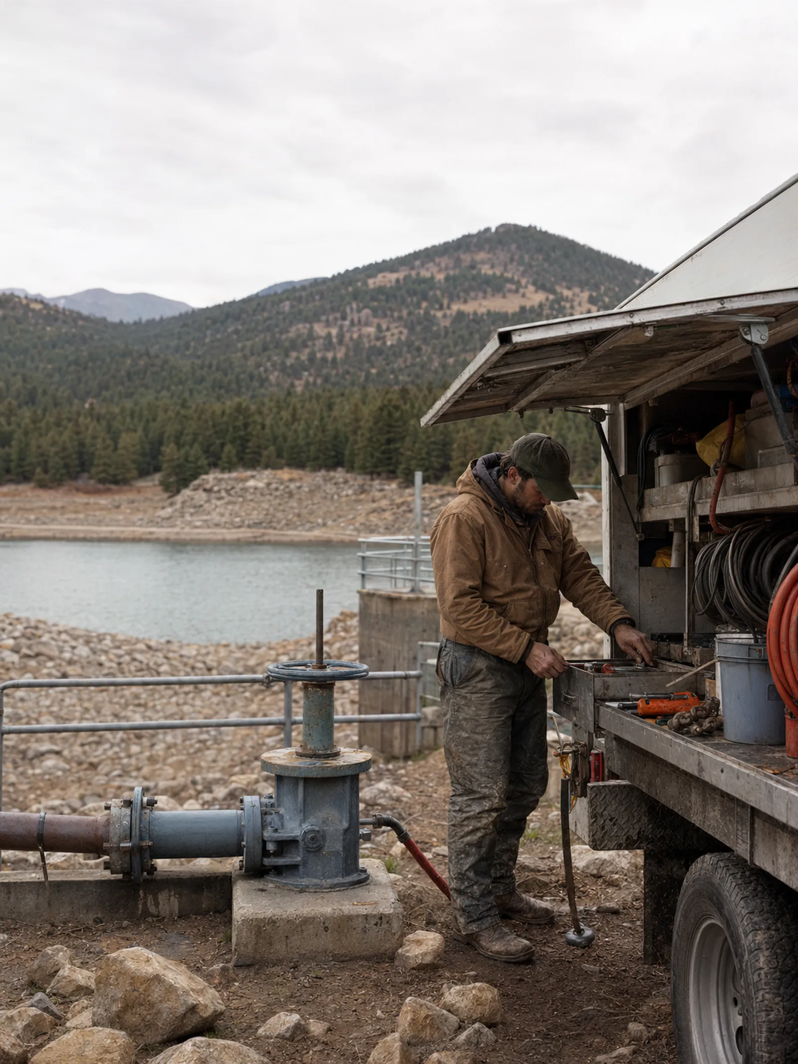 A field technician working beside mountain water infrastructure