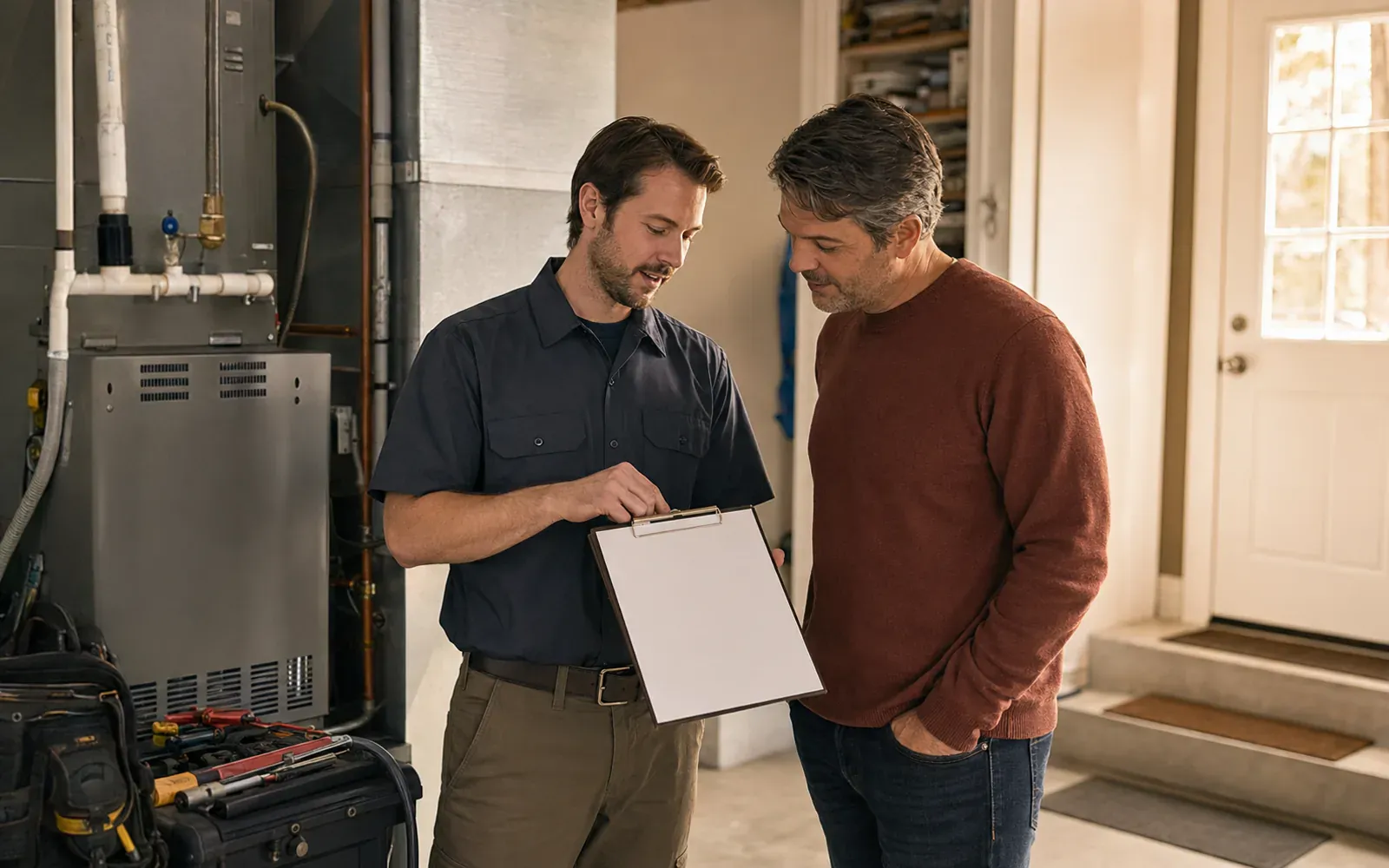 A home service technician explaining completed work to a homeowner