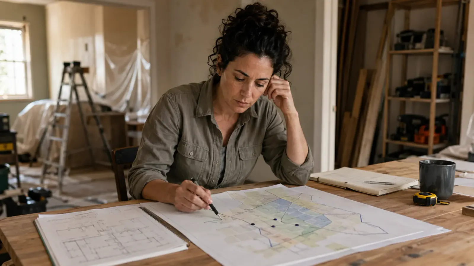 A home services business owner reviewing a neighborhood service-area map and lead plan inside an active renovation workspace.