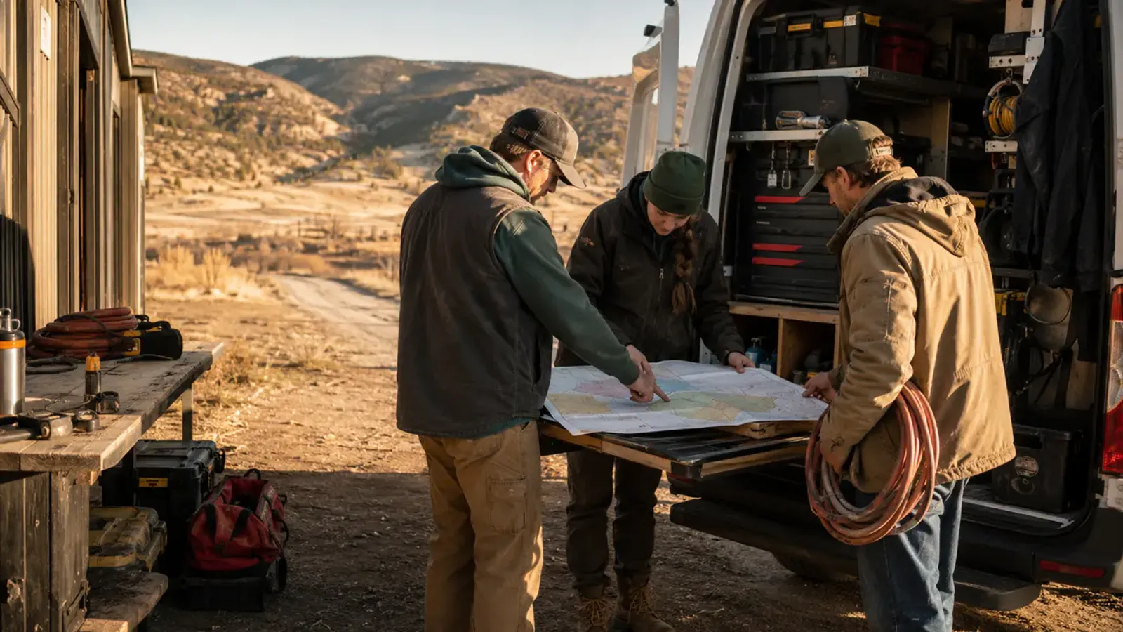 Outdoor, home service and franchise operators reviewing a field plan beside an unbranded service vehicle in Colorado