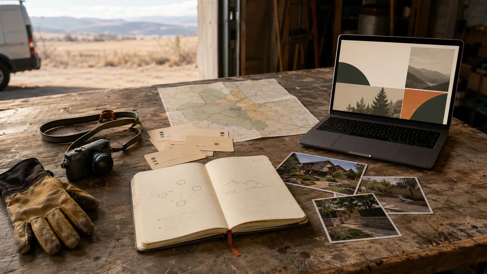 Outdoor and home service field notes, tools and customer research arranged on a Colorado workshop table