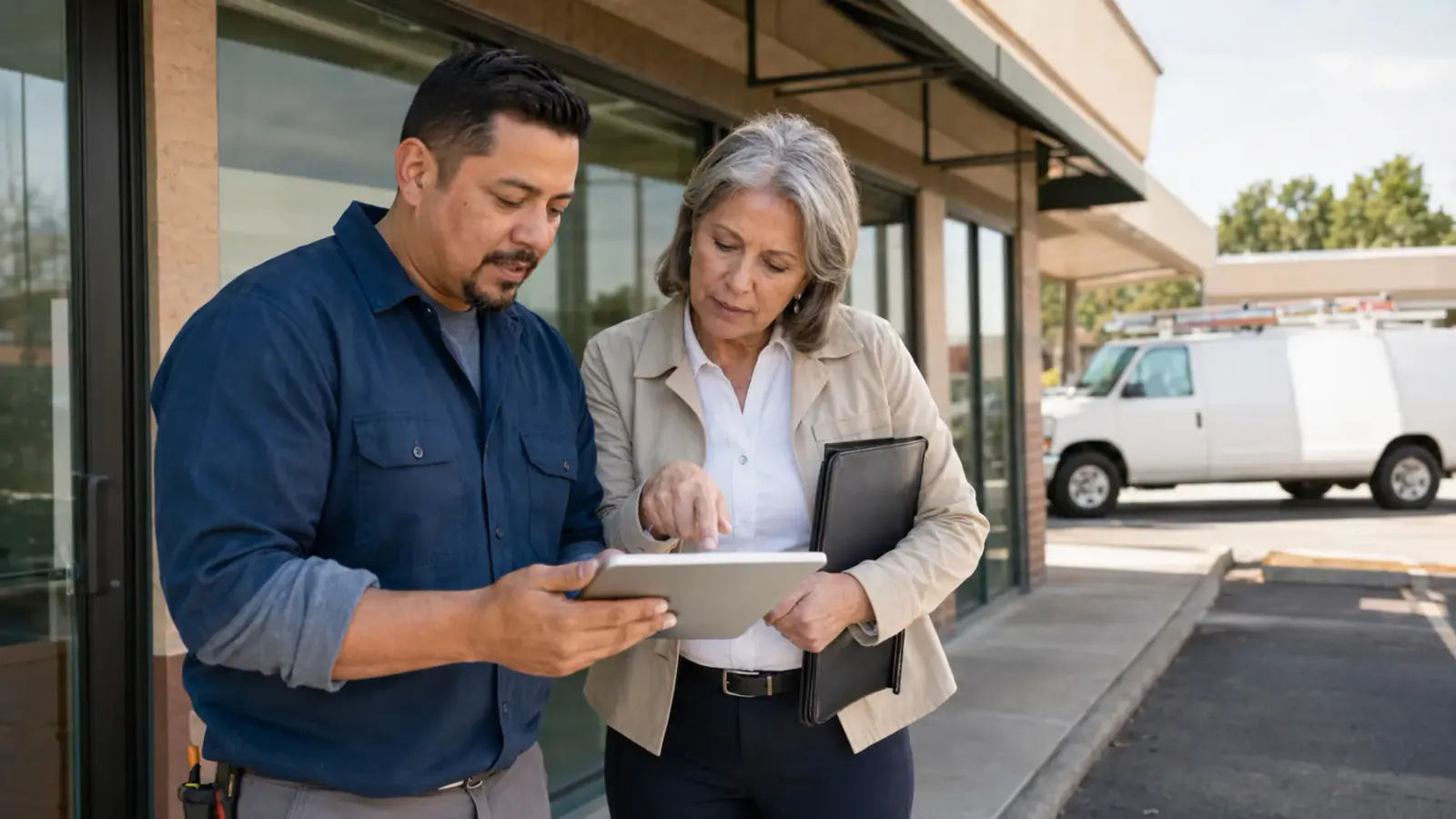A franchise operator and regional manager reviewing a multi-location visibility plan