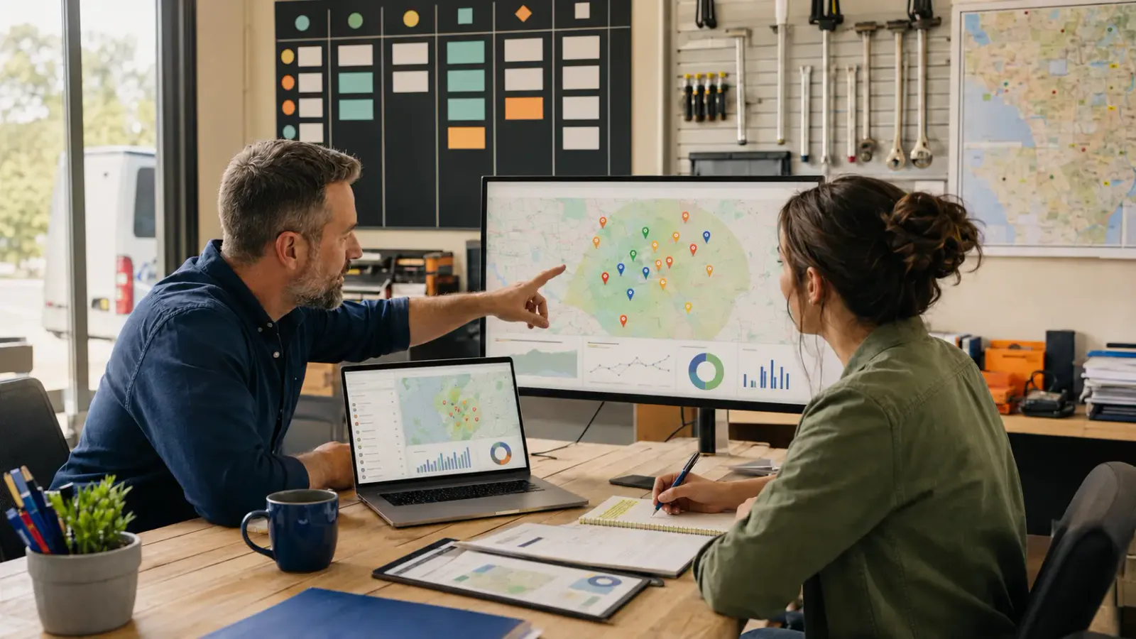 A home service business owner reviewing local search visibility and service-area performance