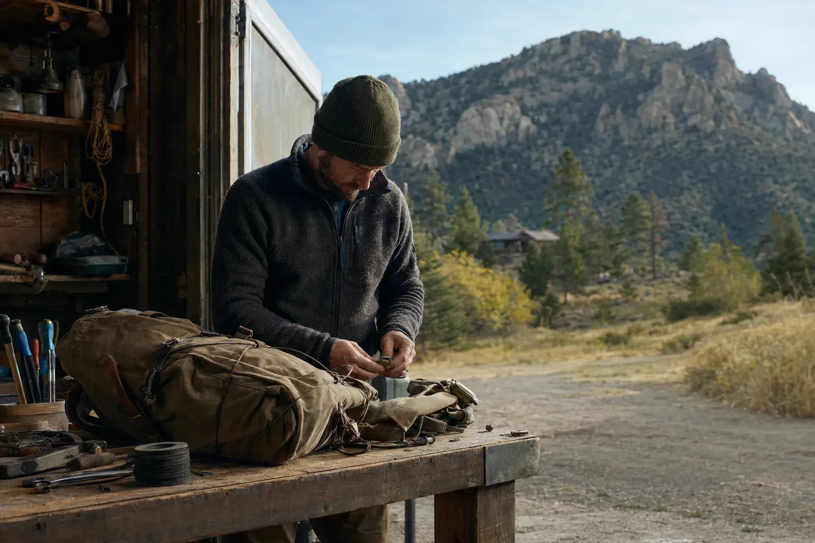 An outdoor equipment specialist checking gear at a Colorado workshop