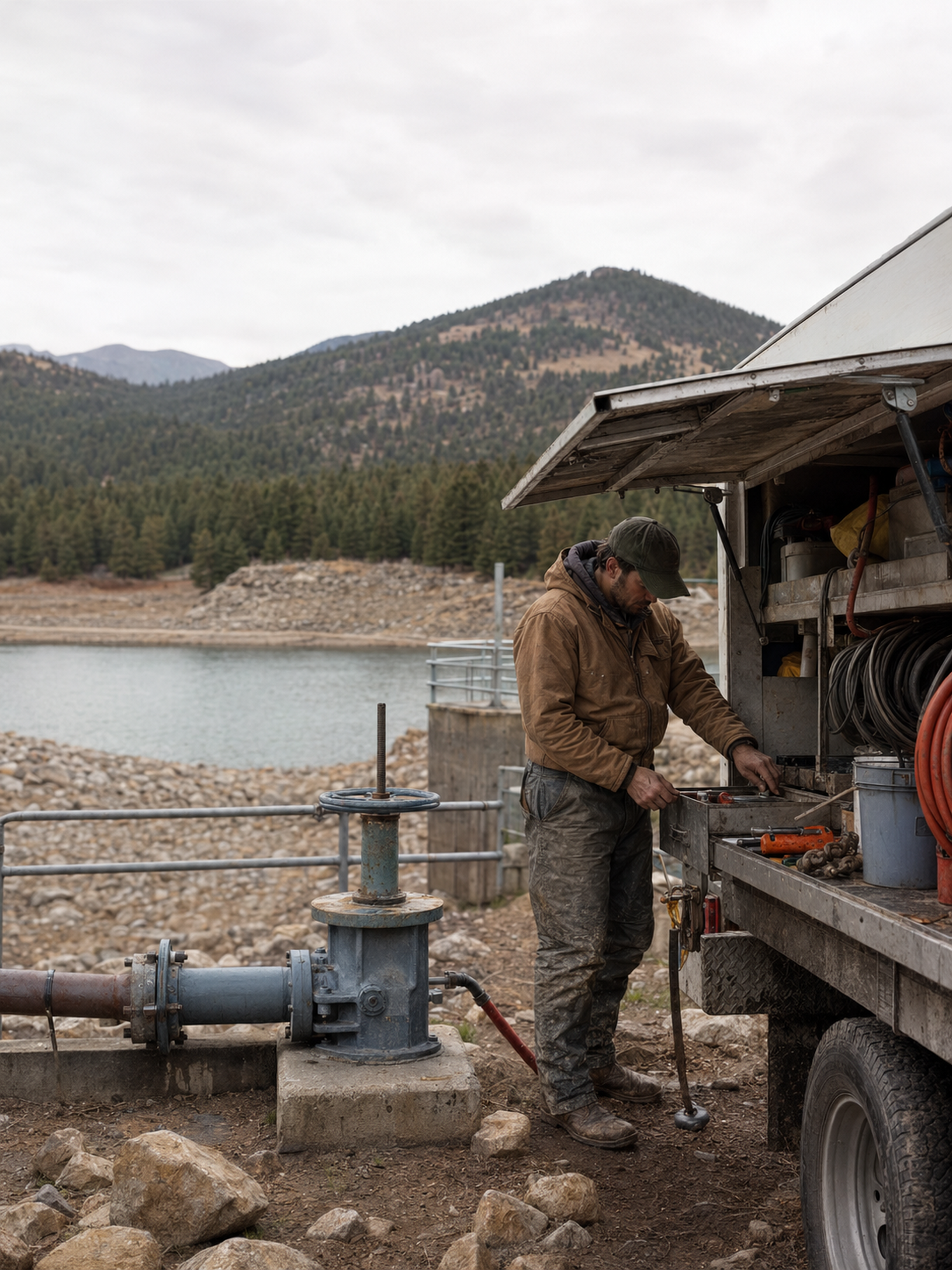 A field technician working beside mountain water infrastructure