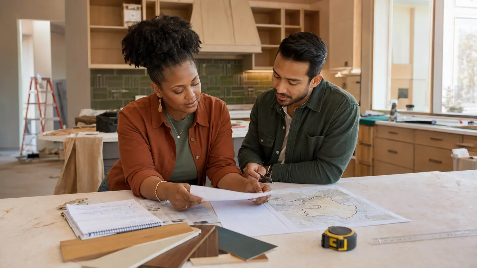 A residential remodeling business owner and marketing strategist reviewing homeowner research and a service-area map inside an active kitchen renovation.