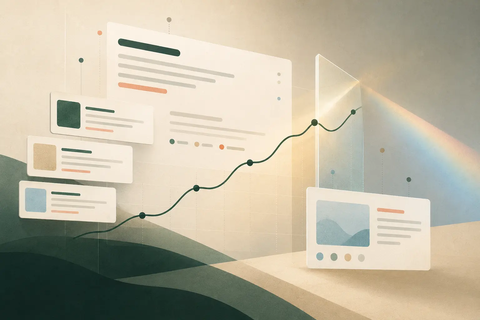 An editorial analytics landscape showing layered search result cards, impression signals and a measured path from AI visibility to business decisions.